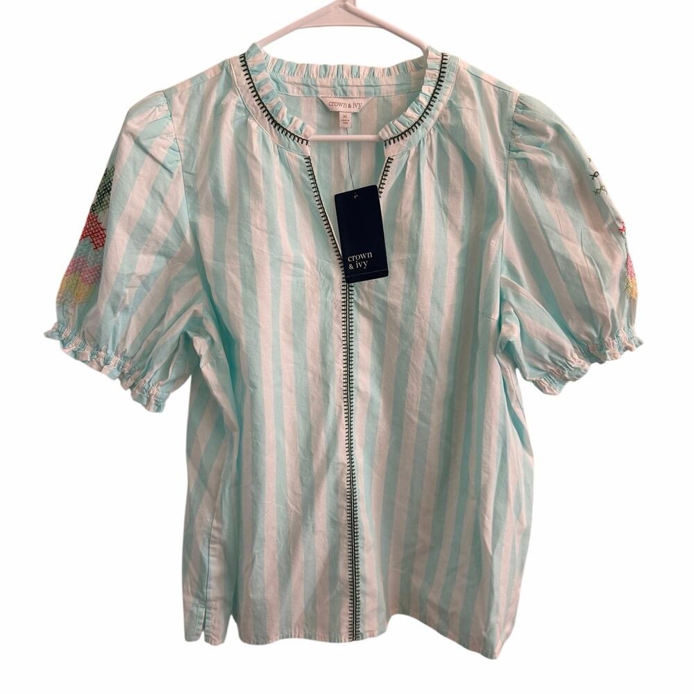 NWT Crown & Ivy Mint Turquoise Striped Puff Sleeve Split Neck Top Size XL